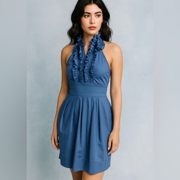 BCBG Maxazaria VTG Blue Halter Cocktail Dress Y2K whimsical ruffle womens size 2 - Picture 1 of 9